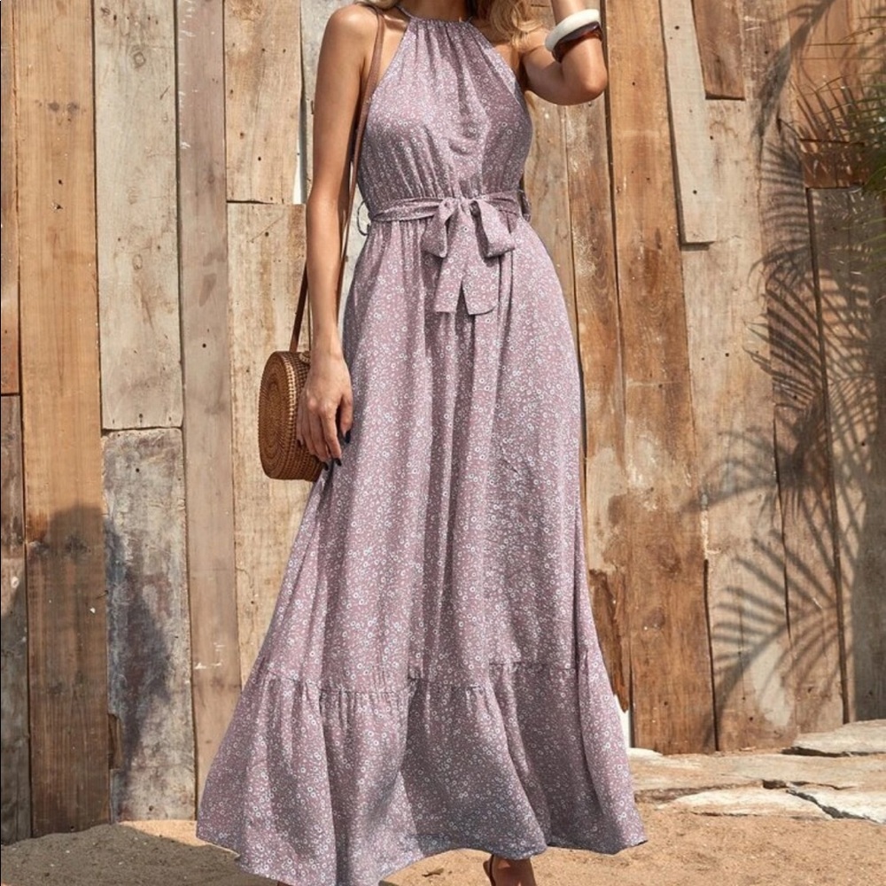 Boho floral print halter maxi dress- DUSTY PINK - Picture 6 of 8